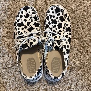 Hey Dude Kids Black and White Cow Print Sneakers